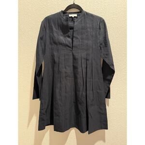 Vince. Pleat Long Sleeve Linen Blend‎ Trapeze Dress in Navy 0
